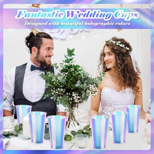 100 Pcs Iridescent Plastic Cups Rainbow Cups Holographic Party Clear Glitter Shiny Plastic Tumblers for Wedding Birthday Bachelorette Mermaid Party(16 oz)