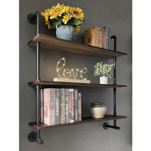 Industrial Pipe Wall Shelves with Real Wood Plank ,36 Inches Floating Shelves for Wall Farmhouse Book Shelves Dark Brown 3 Tier for Kitchen,Living Room Decor and Bar Shelving