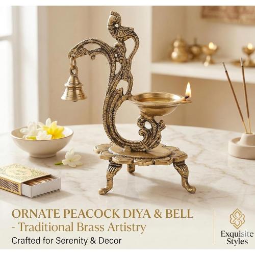 eSplanade - 8 - Peacock Diya with Bell - Lotus Shaped Round Brass Diya | Oil Lamp Deepam | Home Decor | Kuthu Vilakku | Oil Lamps for Home and Office