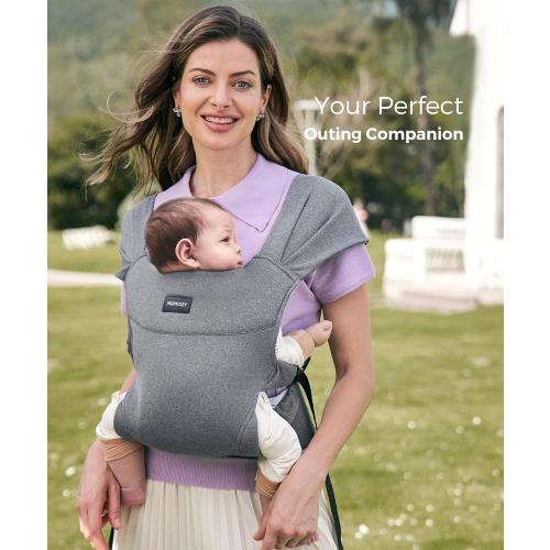 Momcozy Portable Baby Carrier – Compact & Lightweight, Adjustable for Travel, Fold & Go Convenient Storage Hip Pouch, Wide Shoulder Straps, Soft Skin-Friendly Fabric, for Babies 12–35 lbs (Grey)