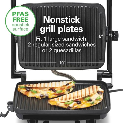 Hamilton Beach Panini Press Sandwich Maker & Electric Indoor Grill with Locking Lid, Opens Wide to Fit Any Thickness for Quesadillas, Burgers & More, Nonstick 8 x 10 Grids, Chrome (25460MNA)