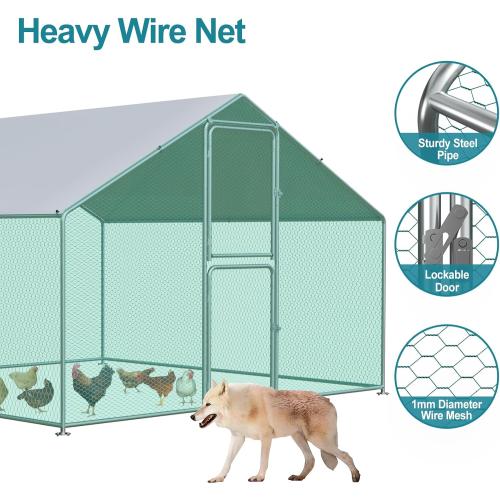 Silver 10ft x 20ft Large Chicken Coop, Chicken Coops for 30 Chickens, Chicken Runs for Yard with Water Poof & UV Resistance Cover, Spire Roof Chicken Coop Run with Double Lockable Doors for Outdoor Backyard