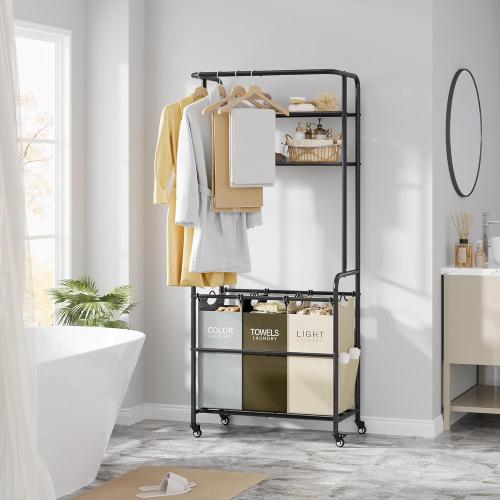 Laundry Sorter 3 Section,Laundry Hamper Cart with Hanging Rack & Removable Bags,Heavy Duty Laundry Basket Organizer with Wheels & 2 Tier Shelf,3 Colors