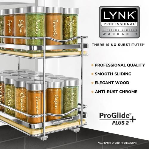 LYNK PROFESSIONAL® Élite™ Pull Out Spice Rack Organizer for Inside Kitchen Cabinets - 6-3/8 inch Wide - Slide Out Drawer – Wood/Chrome Sliding Spice Organization for cabinet - Spice Racks - 2 Tier