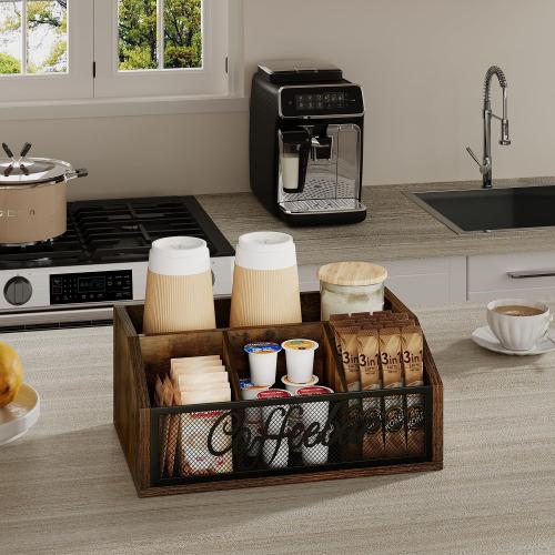 YINMIT Coffee Station Organizer for Countertop, Wood Coffee Bar Organizer with Removable Dividers for Pods, Syrup, Cups, Stirrer, Tea - Office Coffee Bar Accessories