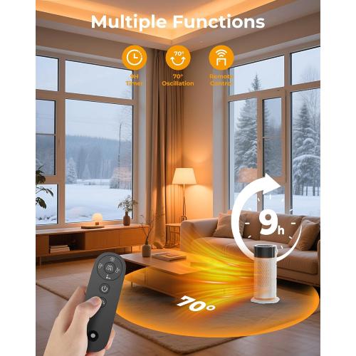 Portable Electric Space Heater - 1500W PTC Ceramic Fast Safety Heat Heater with Remote, Timer, 70 Swing, LED Display and Child Lock for Office Bedroom Home Indoor Use