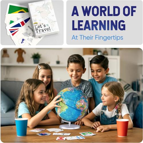 SMART WALLABY 9 Illuminated Educational Kids World Globe   STEM Flags & Countries Interactive Card Game. 3 in 1 Children Desktop Spinning Earth Political & Constellation Maps, LED Night Light Lamp