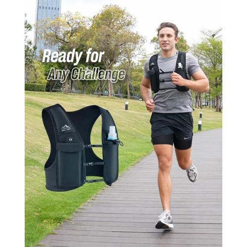 Black Running Vest for Women Men, USA Original Patent, Adjustable Chest Straps Running Hydration Vest with 500ml Soft Flask, Lightweight Reflective Hydration Backpack for Marathon
