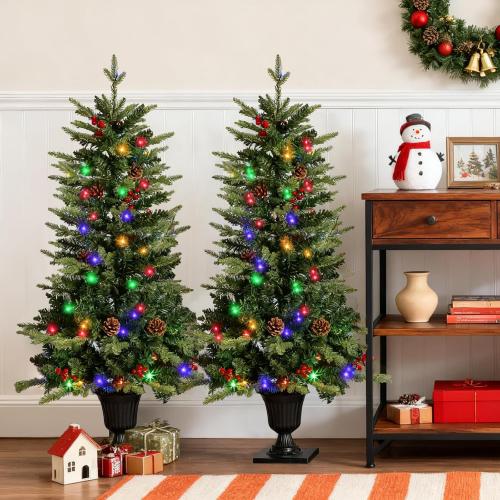 JOYHALO 2Pcs Set 4FT Outdoor Christmas Trees for Porch with 60 Remote Controlled Warm White and Multicolor LED Lights, Pre-lit Potted Christmas Tree with PVC&PE Branches