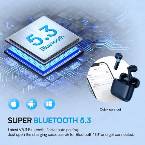 BEBEN Wireless Earbuds Bluetooth Headphones, Touch Control Stereo Sound Bluetooth Earbuds with Mic, 35H Playtime Waterproof Wireless Ear Buds with Type C Charging Case for iPhone Android (Blue)