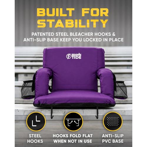BRAWNTIDE Stadium Seat for Bleachers with Back Support - Wide Padded Reclining Bleacher Seat, Portable Folding Stadium Chair with Armrests, Hooks, Straps, Cup Holders & Pockets (Purple, 21)
