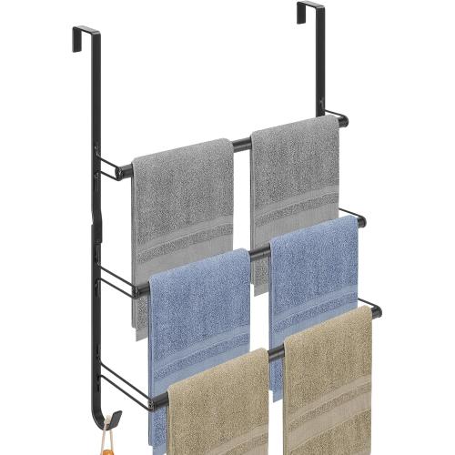 Livabber 3-Tier Over The Door Towel Rack, All Metal Towel Rack with Hooks for Door Hanging, Behind Door Towel Bar Towel Storage Holder for Bathroom Accessories, Black (19.37 L x 5.9 W x 24.4 H)