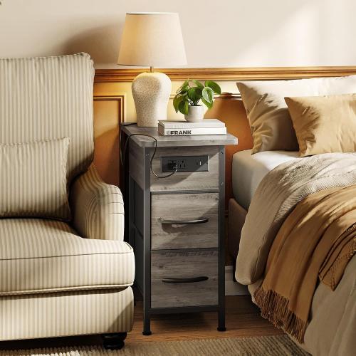 Huuger Narrow End Table with Charging Station, Side Table with 2 Drawers