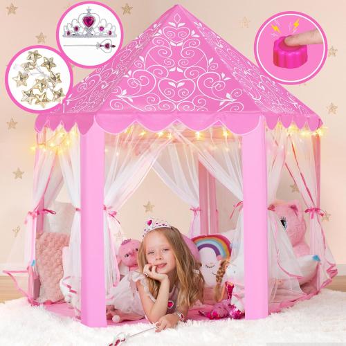 Color Pink W&O Princess Tent with Fantasy Sound Button, LED Lights, Crown & Wand Set – Indoor & Outdoor Play Tent for Kids Ages 3-8