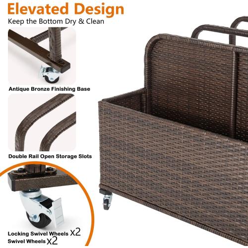 Poolside Float Storage Organizer, Outdoor Wicker Rattan Pool Float Holder Storage Rack for Basket Box Patio Pool Storage Caddy with Rolling Wheels for Pool Toy Noodles Equipment Accessroies (Brown)