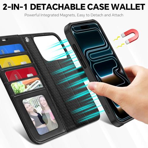 TUCCH 2-in-1 Detachable Wallet Case for iPhone 17 Pro (6.3-inch) 2025, Wireless Charging | RFID Blocking 4 Card Holder | Wrist Strap | Kickstand | Magnetic | PU Leather | Protective Flip Cover | Black