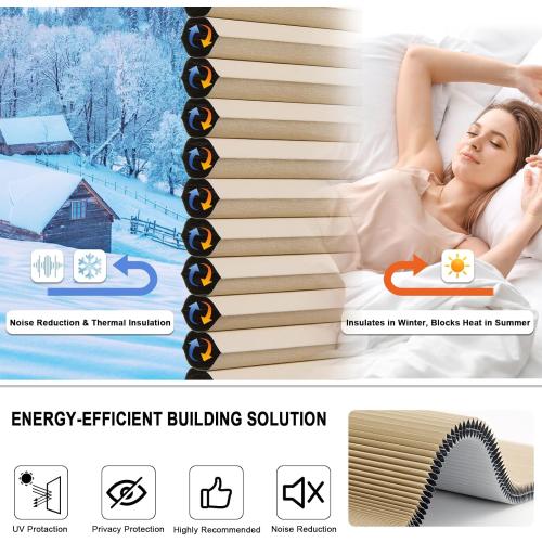 Tonature No Drill Cellular Shades for Indoor Windows, Thermal Insulating & Noise Reducing Honeycomb Blinds, Free Stop Cordless Blackout Shades, Beige, 34 W x 64 H