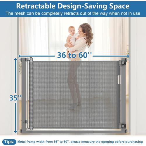 Malier Safety Innovations No Hole Retractable Baby Gate Mounting Kit for Stairs, Doorways, 36-60 Wide Pressure Mounted Mesh Baby Gate or Mesh Dog Gate Banister Adapter (Mesh Gate Not Included)