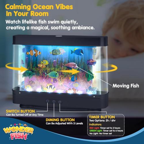 Artificial Fish Tank Virtual Ocean Toy with 2H or 6H Timer, Dimmable Lights, Mini Desk Decor, Colorful Aquarium, Motion Lamp Night Light for Kids with Moving Fish