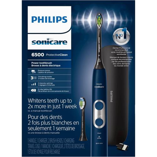 Philips Sonicare ProtectiveClean 6500 Rechargeable Electric Toothbrush, with Pressure Sensor, 3 Cleaning Modes, SmarTimer and QuadPacer, 14-Day Battery Life, Charging Travel Case, Navy Blue, HX6462/07