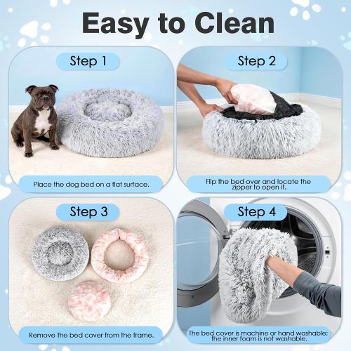 Calming Dog Bed for Medium Size Dogs, 31in Donut Washable Dog Bed with Removable Cover & Foam Filling, Anti-Slip Round Cat Bed Indoor Anti-Anxiety Fluffy Plush Fur Bed, Fits up to 60lbs Pets, Grey
