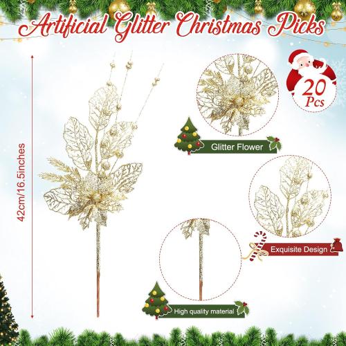 Size 16.5 20 pack Color Rose Gold Tigeen 20 Pcs 16.5 Inch Artificial Glitters Christmas Picks Sprays with Flowers Berry Leaves for Christmas Xmas Tree Ornaments