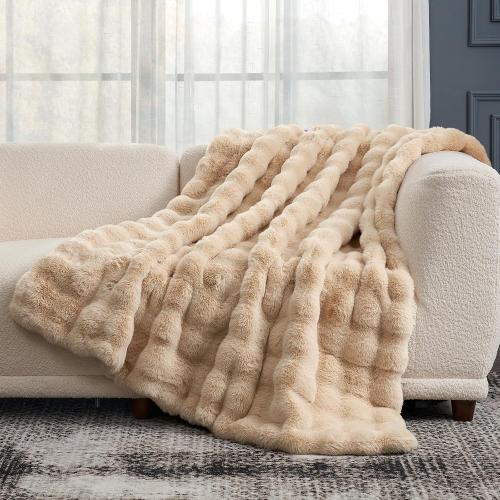 Cozy Bliss Faux Fur Throw Blanket for Couch, Fuzzy Soft Plush Thick Bubble Blanket for Sofa Bedroom Living Room, 50 * 60 Inches Beige