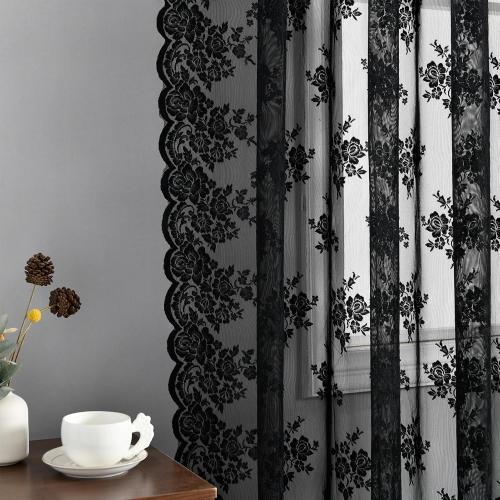 Kotile Black Lace Curtains 54 Inch Length 2 Panels, Country Rustic Floral Pattern Gothic Sheer Curtains for Bedroom, Rod Pocket Vintage Privacy Sheer Lace Curtain, 42 x 54 Inch, 1 Pair, Black