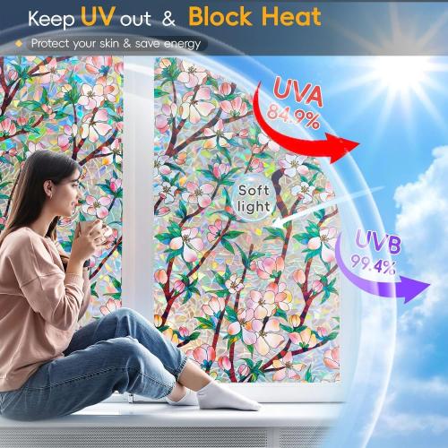 Rainbow Window Privacy Film Decorative, 3D Decals Stained Glass Clings, Static Cling Sticker, Suncatcher Windows Cover Tint for Home,