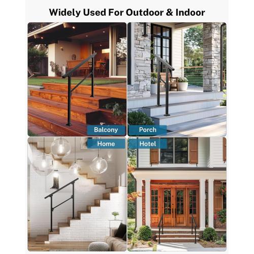 Hand Rails for Outdoor Steps, 3 Step Handrail, Stair Railing Indoor, Hand Rails for Indoor Stairs & Wrought Iron Handrails for Outdoor Steps for Porch/Deck, Black