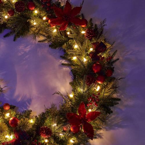 9Ft Red Poinsettias Pre-lit Christmas Garland 70 Lights Plug in,Holiday Decoration Fireplace Stairs Mantle Door Indoor Outdoor