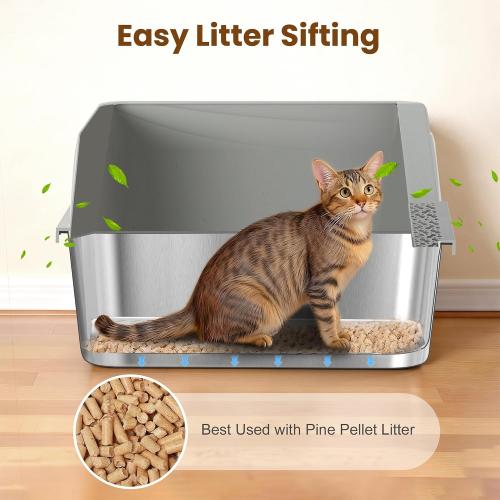 Stainless Steel Sifting Litter Box for Pine Pellets, Sifting Cat Litter Box with Sifter, High Side for Small Cats, Anti-Leakage, Odor Control, Includes Scooper, 17.7 x 13.8 x 11