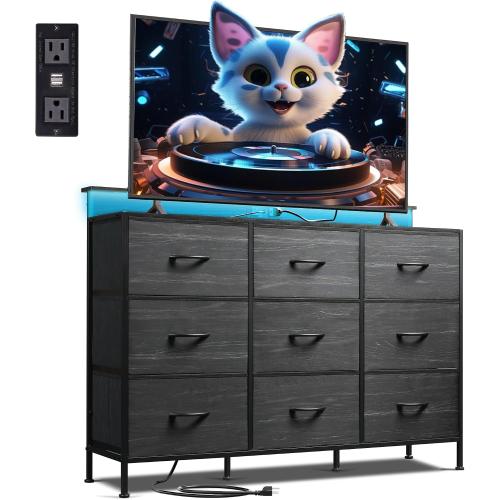 WLIVE Bedroom Dresser TV Stand 9 Drawers, Fabric Chest LED Lights, Charcoal | Black 9-drawer dresser TV stand fits 55in TV with wood top and charging station, fabric dresser for kids bedroom