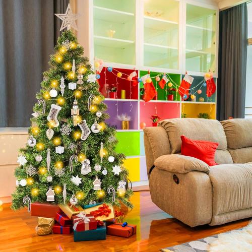 4ft Artificial Christmas Tree with Lights and Ornaments, Small Prelit Xmas Tree with Hanging Balls (8 Modes) for Home Holiday Decoration, Champagne White