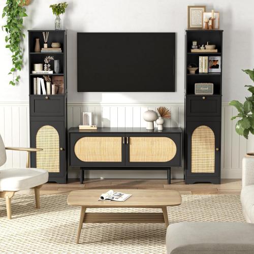 Size 67H Color Black Bathroom Storage Cabinet with Rattan Doors and Slide Storage, Tall Narrow Standing Tower Cabinet with Adjustable Shelves, Small Bathroom Floor Organizer for Entryway, Kitchen, Black