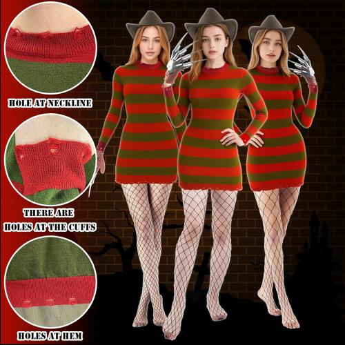 Unisex Halloween Costume for Women Adult Scary Killer Knitted Striped Dress with Brown Hat Glove and Mesh Stockings Cosplay