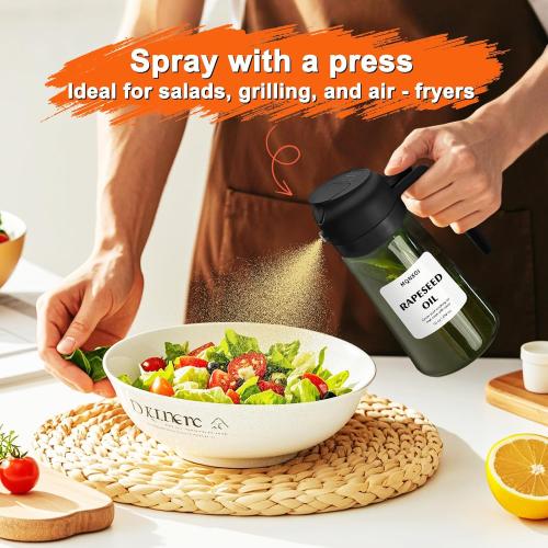 Oil Sprayer for Cooking, 2 in 1 Olive Oil Dispenser Bottle for Kitchen, 16oz/470ml Premium Glass, Food-grade Oil Mister for Air Fryer, Salad, Frying, BBQ (Black   Dark Green Bottle)