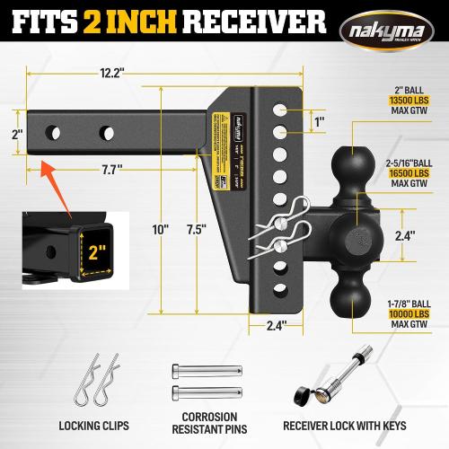 Adjustable Drop Hitch, 8 Inch Drop Trailer Hitch,Tri-Ball(1-7/8'', 2'', 2-5/16'') Hitch, Fits 2-Inch Receiver, Max 16,500 LBS GTW-Truck Trailer Hitch with Double Anti-Theft Pins Locks