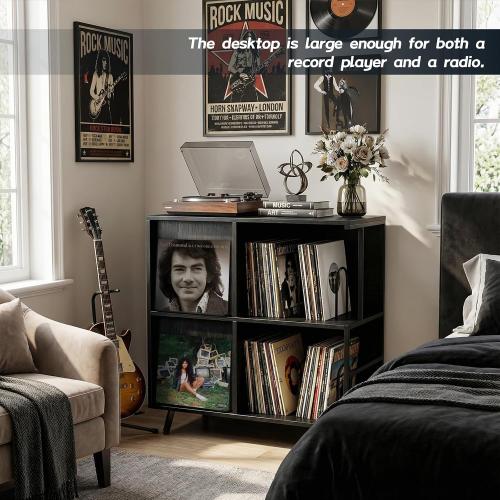 Faesun 3 Tier Flip Top Record Player Stand, Vinyl Record Storage Holds up to 300  Albums, Large Record Player Cabinet, Vintage Turntable Stand with Vinyl Display, for Living Room Bedroom, Black ‼️used product ‼️has some mild color peeling and bent wood‼️