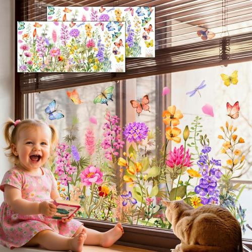 2 Sheets Spring Summer Flower Window Clings for Glass Window Stickers, Colorful Floral Bouquet Windows Sticker, Removable Double-Sided Cut Freely to Size for Home Office Decor (2 Set A)