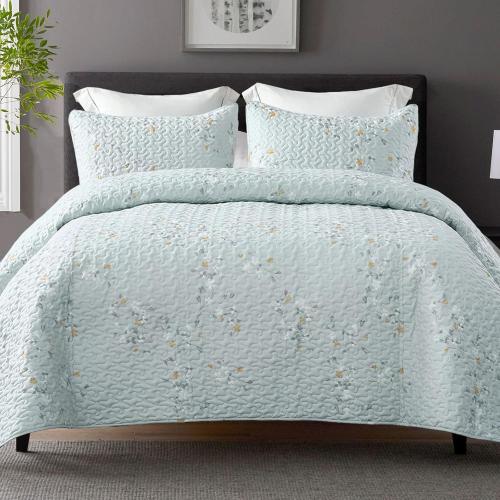Exclusivo Mezcla Reversible Boho Quilts Queen Size, Aqua Bedspreads Lightweight Coverlet All Season Flowers Quilt Bedding Set with Printed Floral Pattern (1 Quilt, 2 Pillow Shams)
