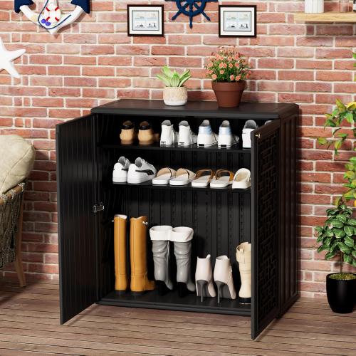 Size 34.3x15x36.2 Color Black Outdoor Storage Cabinet Waterproof with Shelf,Resin Storage Sheds Outdoor Cabinets for tub towels/chemicals/grill items/Patio/Garden/Backyard, Size 34.3''L*15''W*36.2''H（Black）