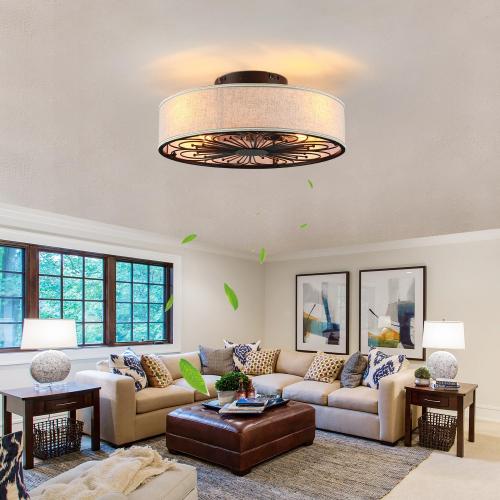 20 Boho Rattan Caged Ceiling Fan with Light,Low Profile Flush Mount Bladeless Ceiling Fan with Remote Control, 6 Speeds Reversible Silent Motor, Farmhouse Fabric Fandalier for Bedroom,Living Room