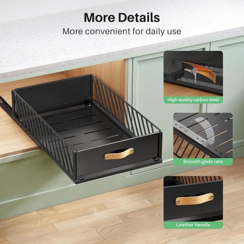 Pull out Cabinet Organizer Fixed with Adhesive Nano Film,Heavy Duty Slide out Pantry Shelves Drawer Storage,Sliding Mesh Cabinet Basket with Handle for Kitchen, Bathroom,Home, 15.8W X 21D X6.2H