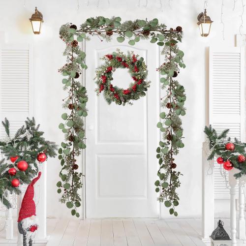 LOHASBEE Artificial Christmas Garland, 5 Feet Pine Cone Eucalyptus Garland with Snow, Red Berries, Bells Glitter for Christmas Indoor Outdoor Garden Gate Front Door Home Wall Window Stair Decor