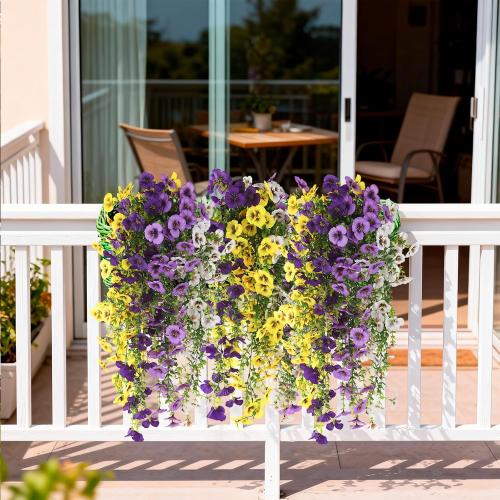Fake Artificial Flowers for Outdoors, 4 Pcs Faux Hanging Pansy Flowers Spring Summer Decor, UV Resistant Fake Plants Silk Flower for Planter Front Door Porch Patio Yard Garden(Purple Yellow White)