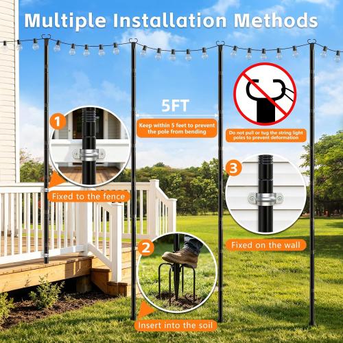 10Ft String Light Poles 4 Pack,Poles for Outdoor String Lights with Fork and Fence Clamp,Hanging Lights Metal Stand Post for Deck Patio Backyard Garden Decorations