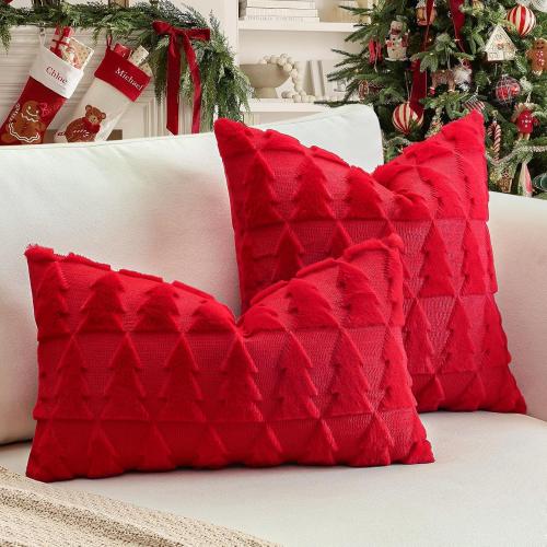 OTOSTAR Set of 1 Xmas Soft Plush Short Wool Velvet Decorative Throw Pillow Covers Rectangular Luxury Style Cushion Case Pillow Shell for Sofa Bedroom Christmas Tree Red, 12x20 Inch