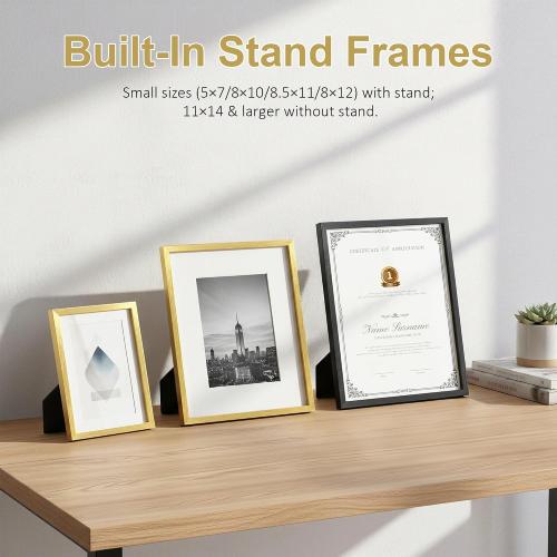 5x7 Picture Frame Gold Shiny Brushed Aluminum with Plexiglass, Metal 5 x 7 Photo Frame Mat to 4x6 Frame for Art Gallery Wall Tabletop Decor