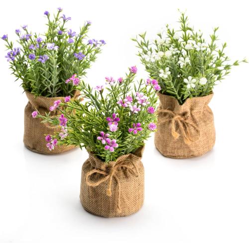 Velener Babys Breath Artificial Flowers in Small Burlap Bag Vases 3Pcs -Gypsophila Faux Flowers Farmhouse Home Coffee Table Bookshelf Office Desk Decorations Kitchen Dining Room Fake Plants Indoor